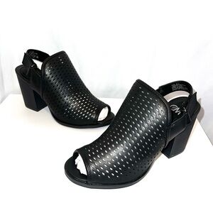 Black Peep Toe Perforated Slingback Chunky Heel Sandals Shoes
